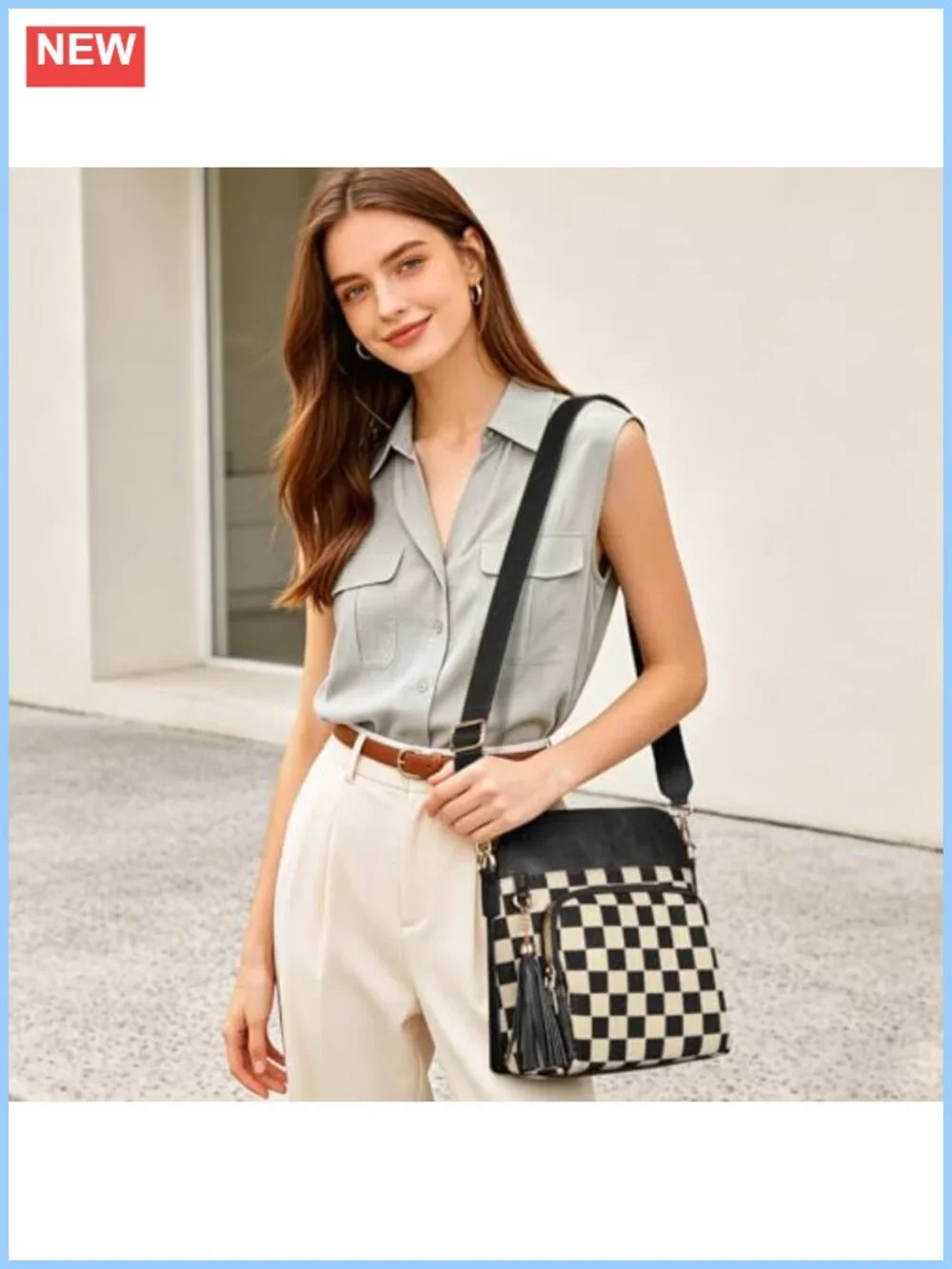 Checkered PU Leather Crossbody Purse for Women Plaid Medium Over Shoulder